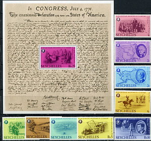 Сейшелы, 200 лет США, Парусники, Карты, Космос, Самолёты, 1976, 9 марок+блок